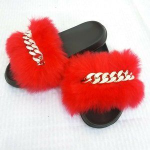 Red Faux Fur Slides/Slippers/With Chain